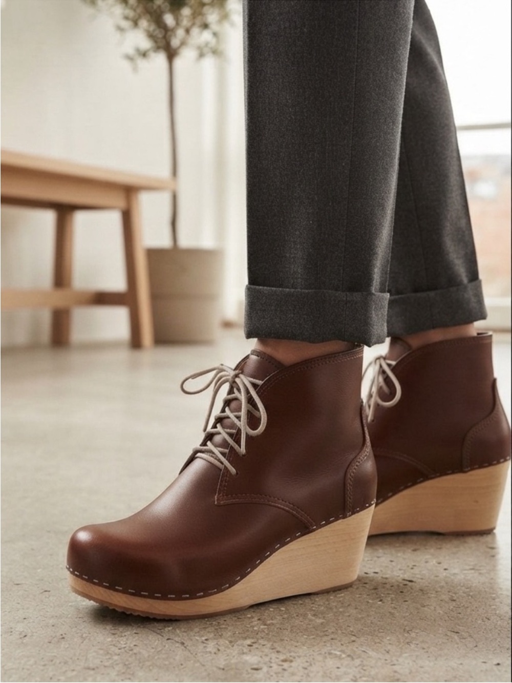 Maguba Swedish Genuine Leather Casablanca Lace-Up Wedge Clog Ankle Boots